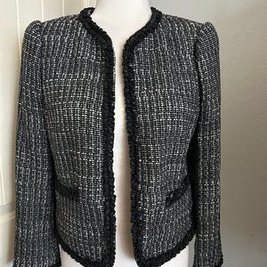Rebecca Taylor Black Tweed Jacket Faux Leather Trim Slight Puff Sleeve  Sz 4 NWT